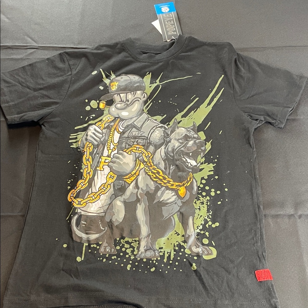 Popeye pitbull gold chain Graphic T-Shirt Cartoon Design black size medium